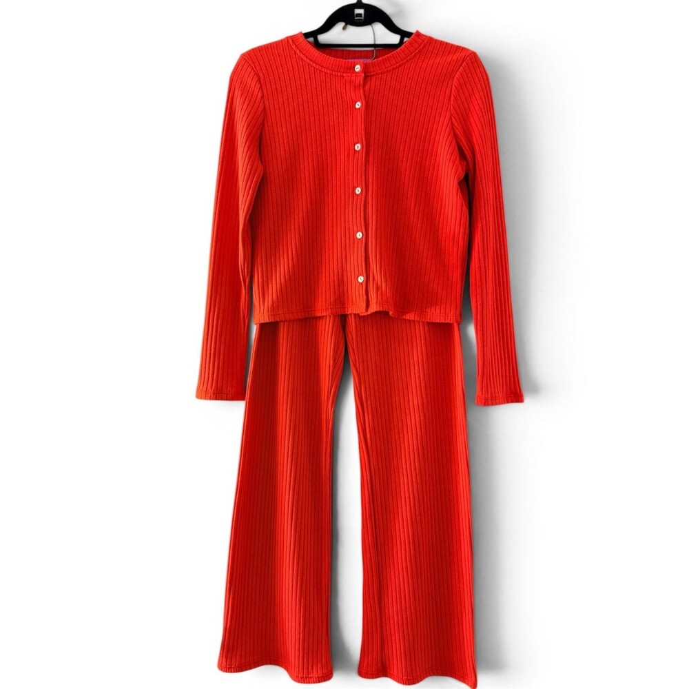 NWT Jac Parker Ribbed Lounge Matching Set S Poppy Red Cardigan + Wide Leg Pants
